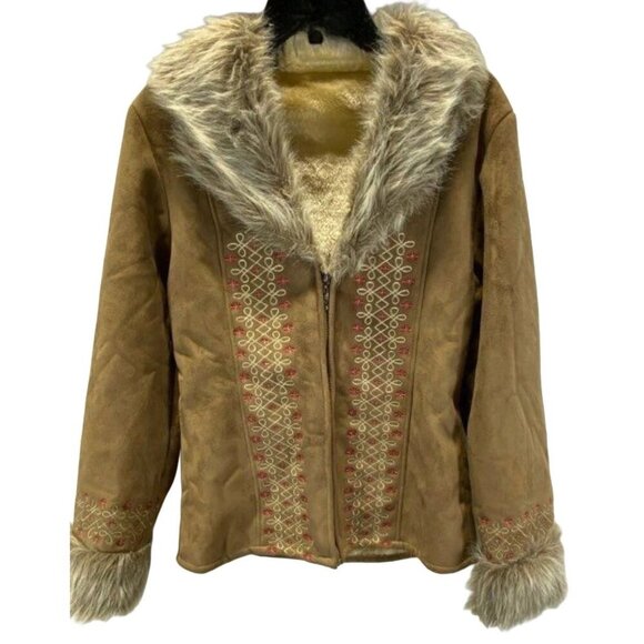 Aziza Women’s Brown Faux Suede & Fur Trim Embroider Jacket, Size L, Y2K Retro - Picture 1 of 3